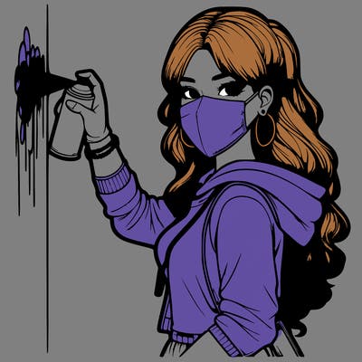 realistic girl with mask spray painting a wall