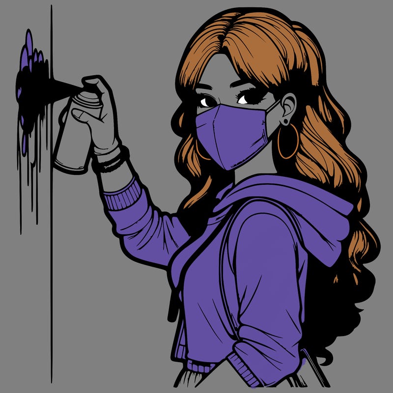 realistic girl with mask spray painting a wall