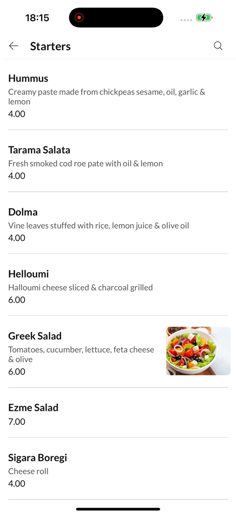 Express BBQ - Mobile app screen showing the starters menu for Express BBQ with items like Hummus, Dolma, and Greek Salad