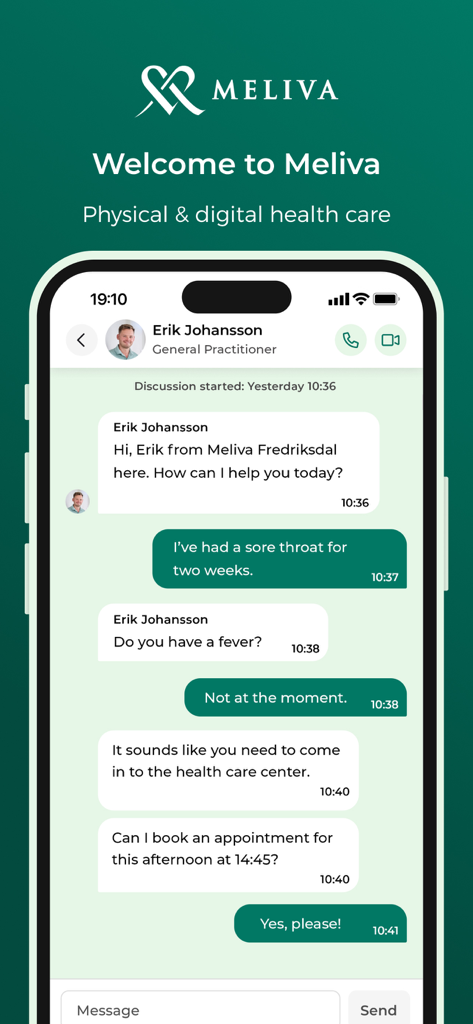 Meliva Sweden - A chat interface in the Meliva app showing a medical consultation between a patient and a general practitioner for symptom assessment and appointment booking.