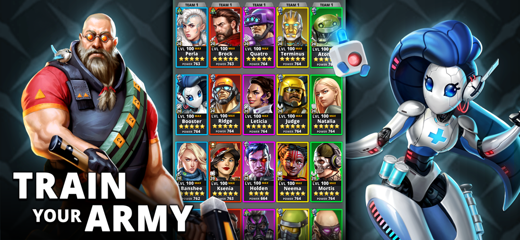 Puzzle Combat: RPG Match 3 - Lista de héroes en Puzzle Combat con el subtítulo "Train Your Army"