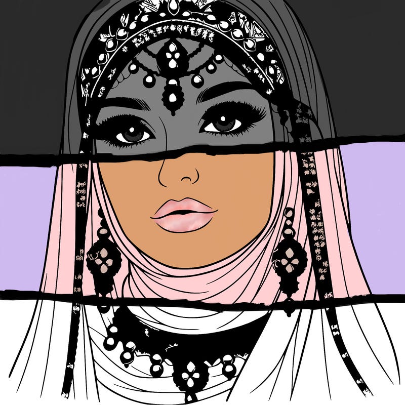 realistic woman with a veil covering her hair and mouth, muslim. the veil contains details with jewels. she has beautiful jewelry.