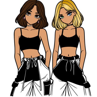 two girls with crop top with baggy pants