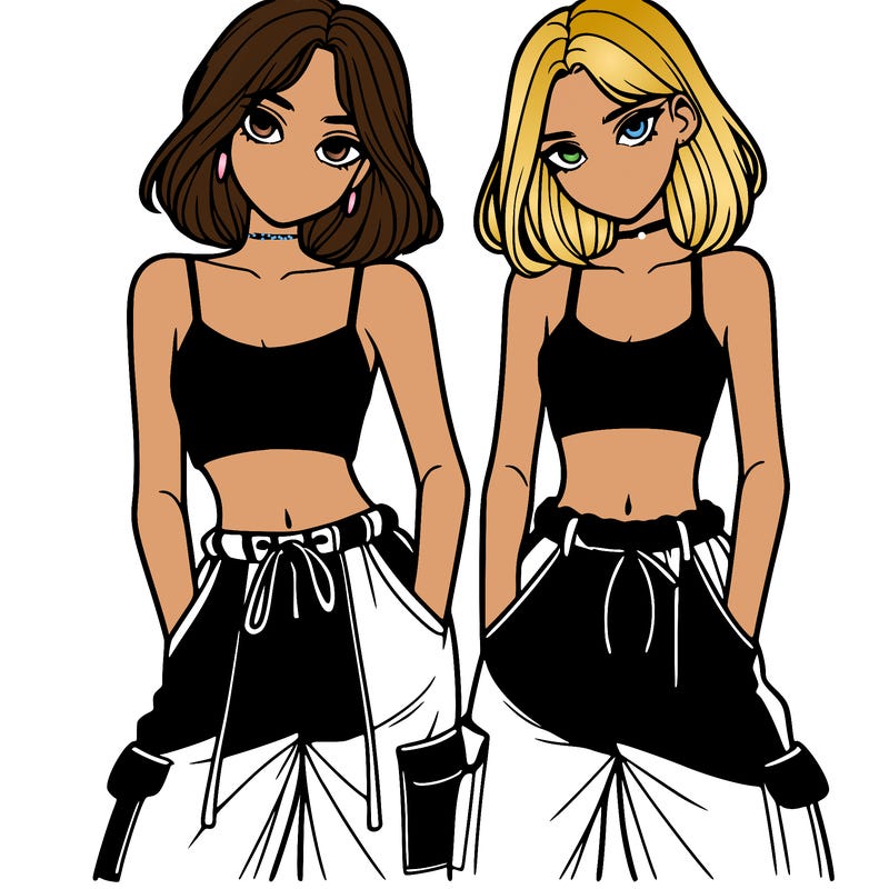 two girls with crop top with baggy pants