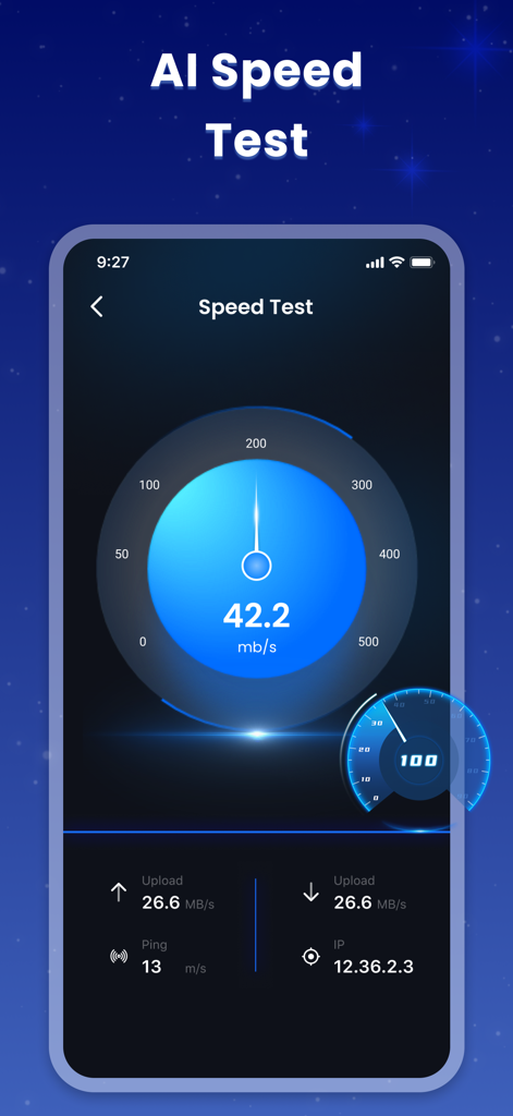 Interface of the AI Speed Test feature showing internet upload and download speeds with a blue circular gauge
