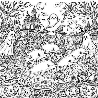 Explore a charming Halloween scene where young witches lovingly interact with playful dolphins. This unique coloring page combines spooky fun with a heartwarming marine rescue theme.