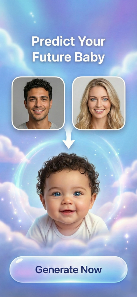 MiniMe AI Baby Generator app interface predicting a future baby face from parent photos