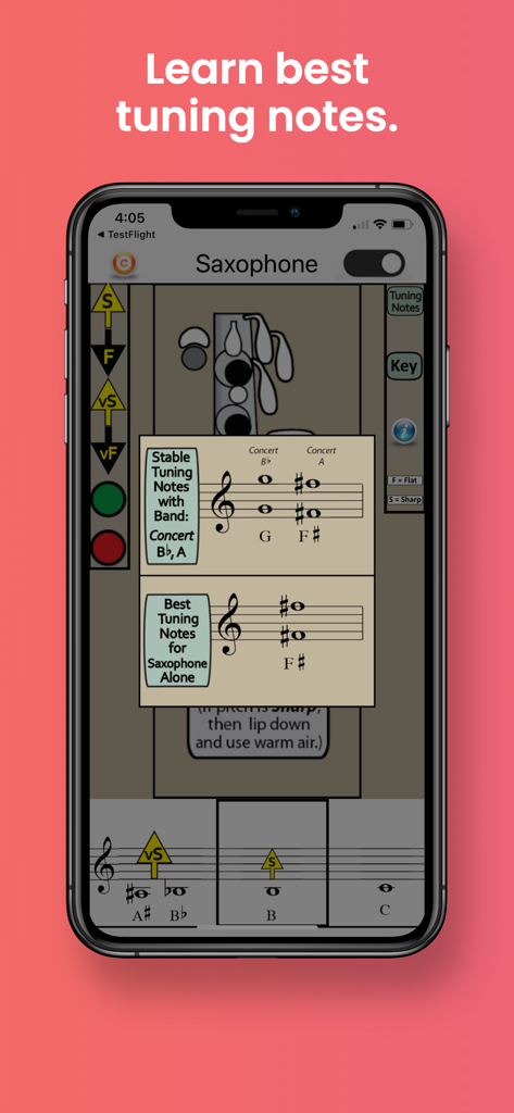 Saxophone Fingering & Tuning - Interfaz de aplicación móvil que muestra notas de afinación estables para saxofón con notación musical e indicaciones de tono.