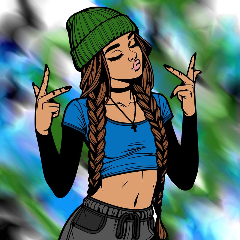 realistic teenage girl with braids and a beanie and crop top doing 🫶🏼