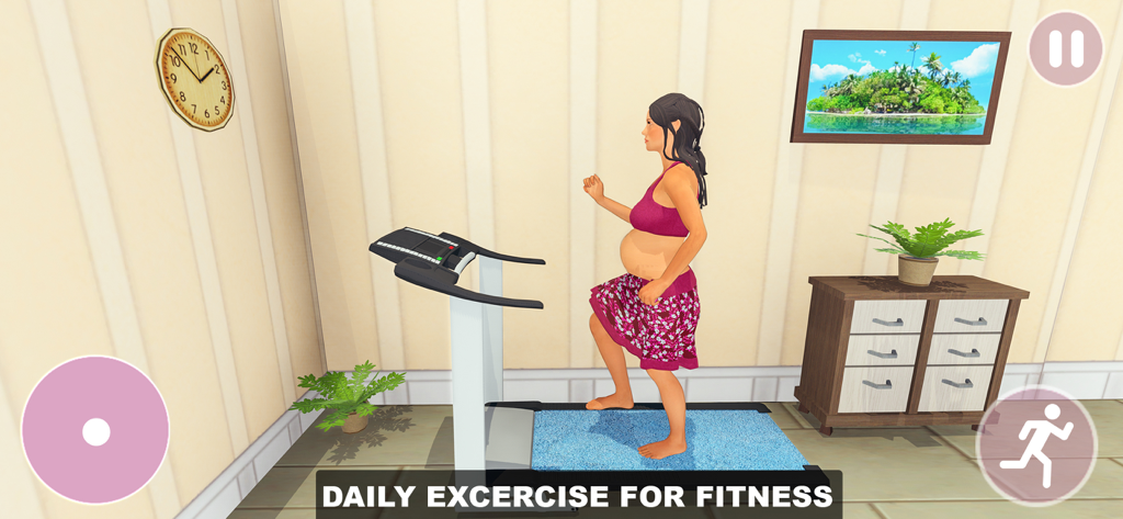 A virtual pregnant mom exercising on a treadmill in the Pregnant Mother simulator game