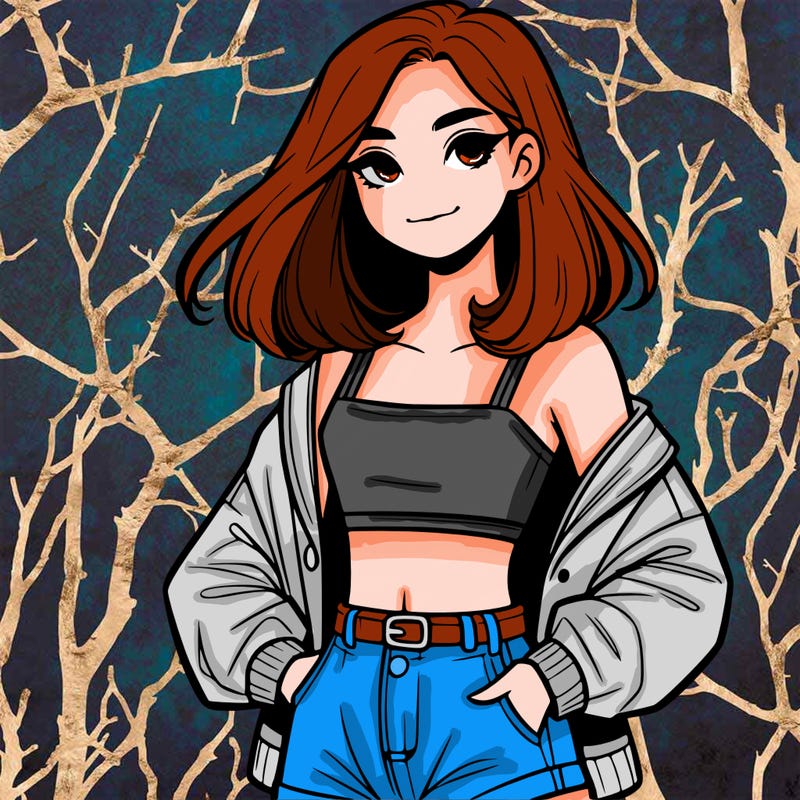 a realistic girl with a crop top and short shorts in an open jacket