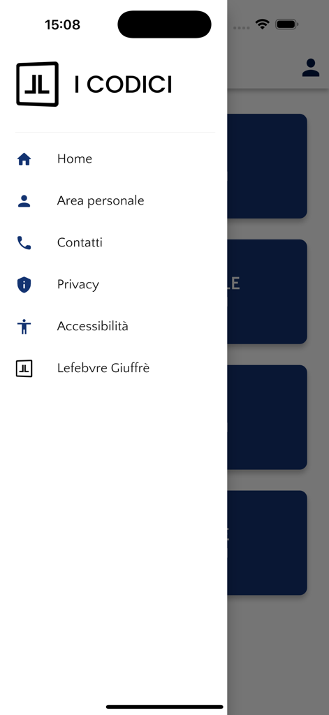 Menu de navegação lateral do aplicativo móvel I Codici Giuffre mostrando opções de página inicial e área pessoal