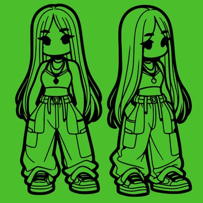 girl in baggy pants crop top and long hair
