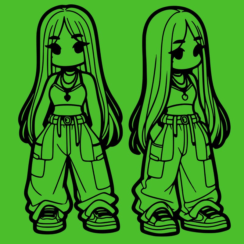 girl in baggy pants crop top and long hair