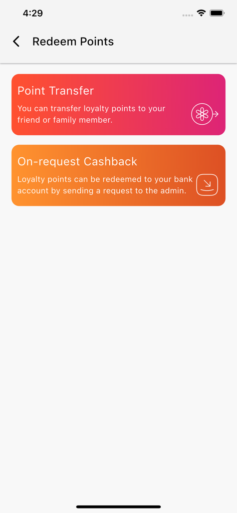EVERWIN LOYALTY - Everwin Loyalty app screen for redeeming points via transfer or cashback
