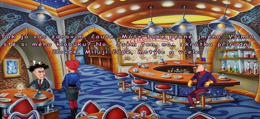 Polda 7 - A hand-drawn 2D scene from Polda 7 featuring characters in a space-themed bar with Czech dialogue text.