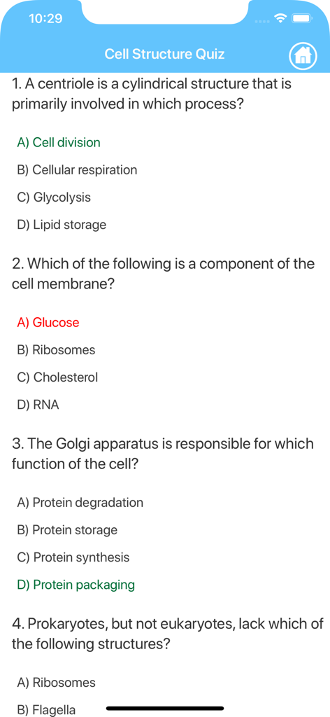 High School Biology - A cell structure quiz interface in the high school biology mobile app