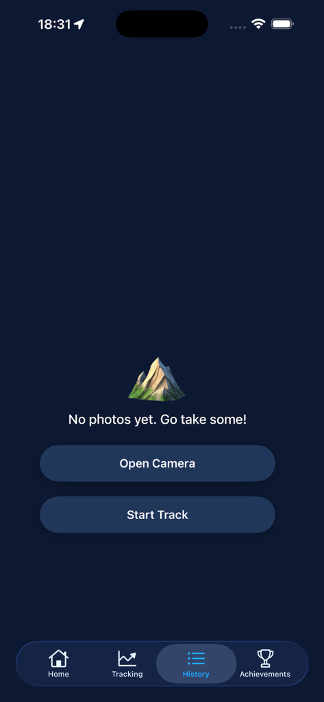 Screenshot of the History tab in the Altitude Camera app showing an empty state with a mountain icon and buttons to open the camera or start tracking.