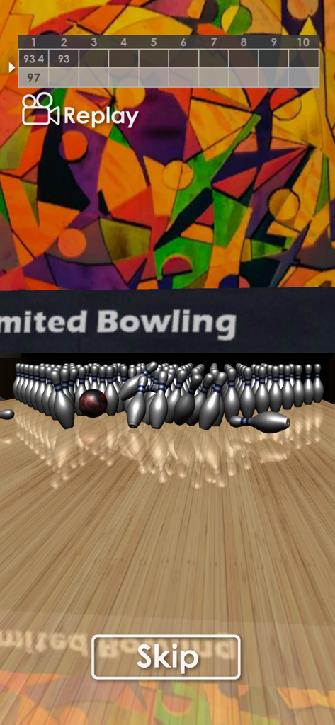 Unlimited Bowling - A bowling ball knocking over many silver pins in the 100-pin game mode of Unlimited Bowling