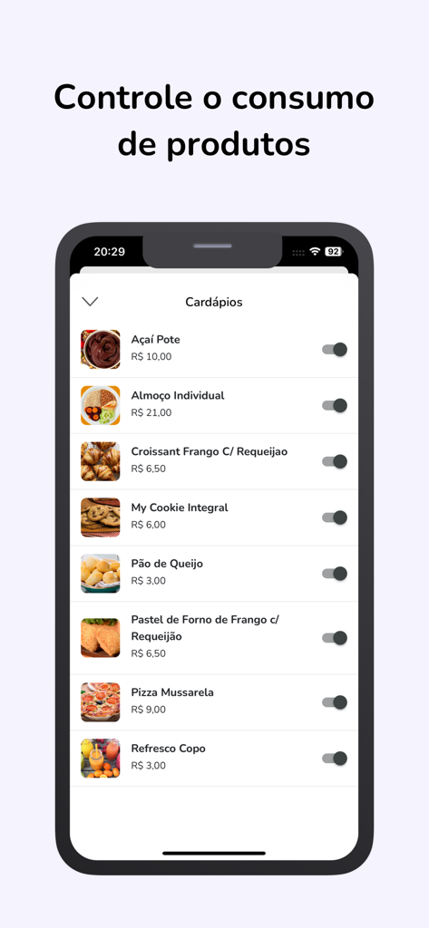 Picks Manager - Interfaz de la aplicación Picks Manager que muestra elementos del menú de la cafetería escolar con interruptores para el control de consumo de los padres.