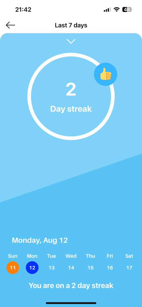 MAG CoP Study (2025-28) - Gymnastics study app showing a two day streak progress circle and calendar