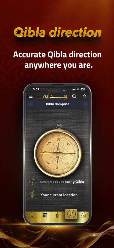 Quran Hidaya - قرآن هداية - Smartphone mit der Qibla-Kompass-Funktion in der Quran Hidaya App für die genaue Gebetsrichtung