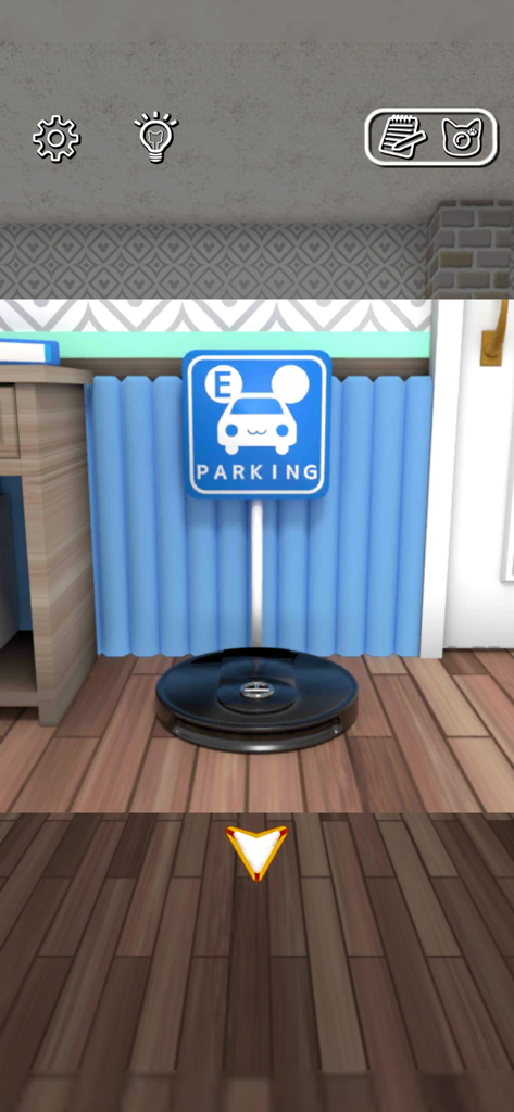 Escape Game Work From Home - A robot vacuum cleaner parked under a blue sign that says Parking with a cat-themed car icon.