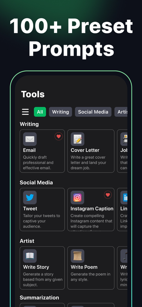 AI Chat − AI Chatbot Assistant - AI Chat app interface showing a variety of preset prompts for writing emails, social media captions, and creative stories.