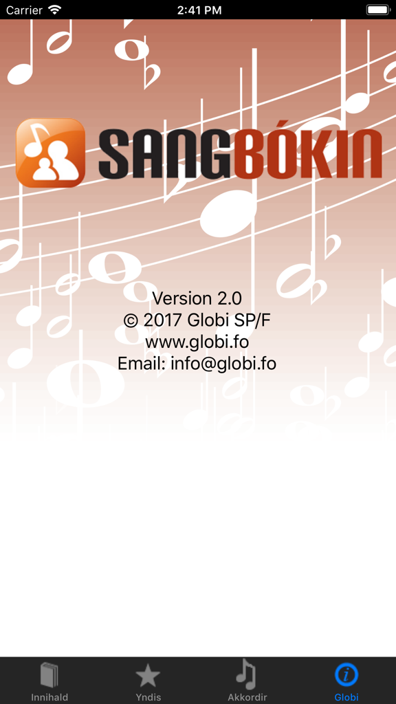 Okkara Sangbók - Introductory screen of the Okkara Sangbok app displaying the logo version information and developer details