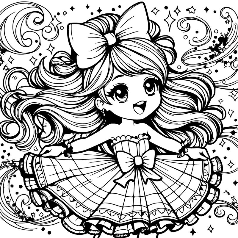 a cute girl with her hair in half up palf with a bow twirling around with with colourful magical fairy dust all around her