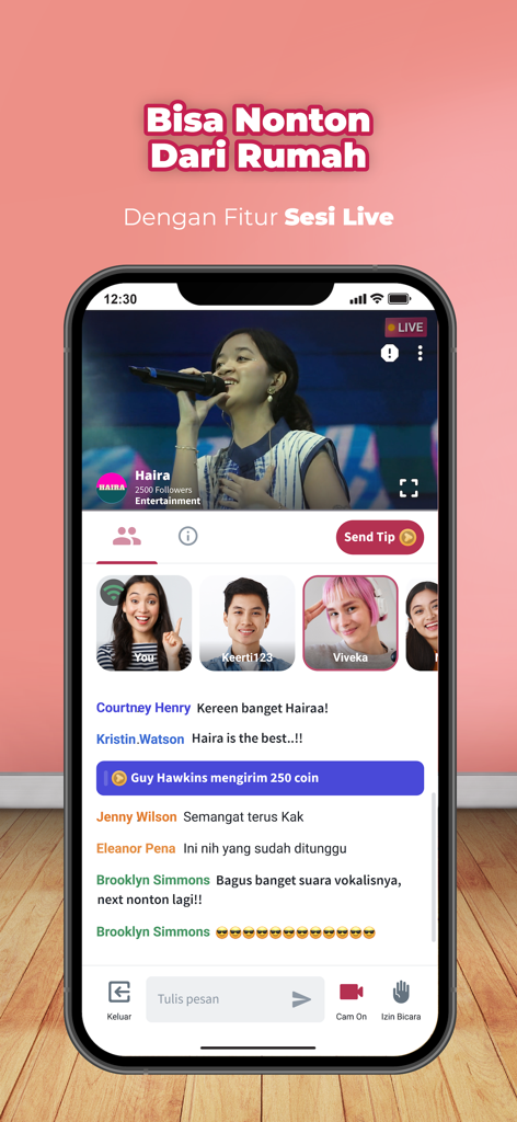 A mobile interface of the TipTip app showcasing a live session with a creator performing and an active fan chat with tipping options