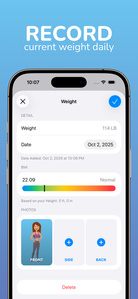Interface of yourWeight app for logging daily weight and tracking BMI