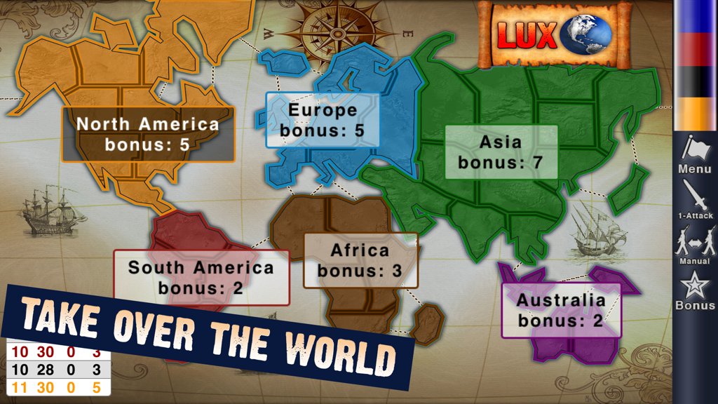 Lux Touch 3 - World Domination - Lux Touch 3 world domination strategy map showing continent bonus points