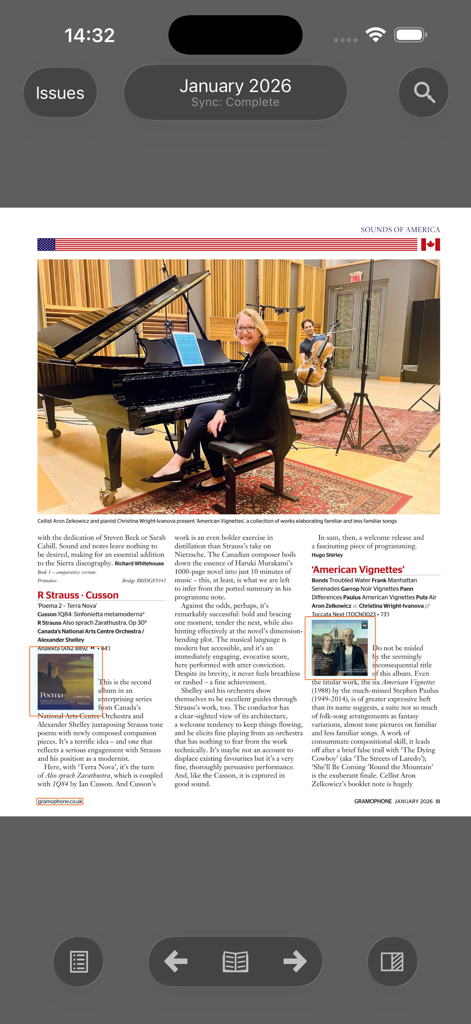 A digital page from Gramophone Magazine showing classical music reviews and a featured article with musicians.