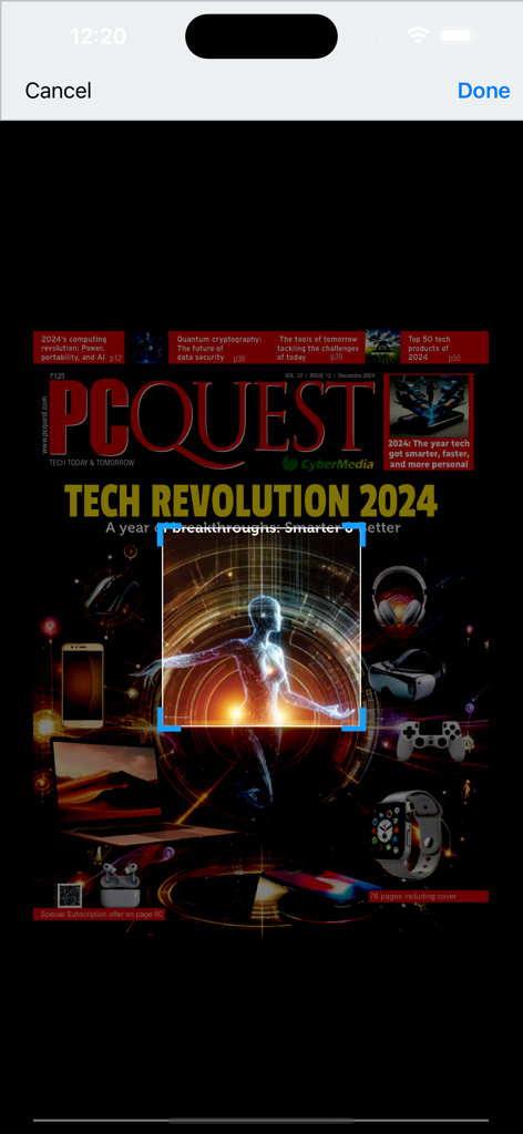 PCQuest - PCQuest magazine cover titled Tech Revolution 2024 featuring a digital human figure surrounded by various tech gadgets.