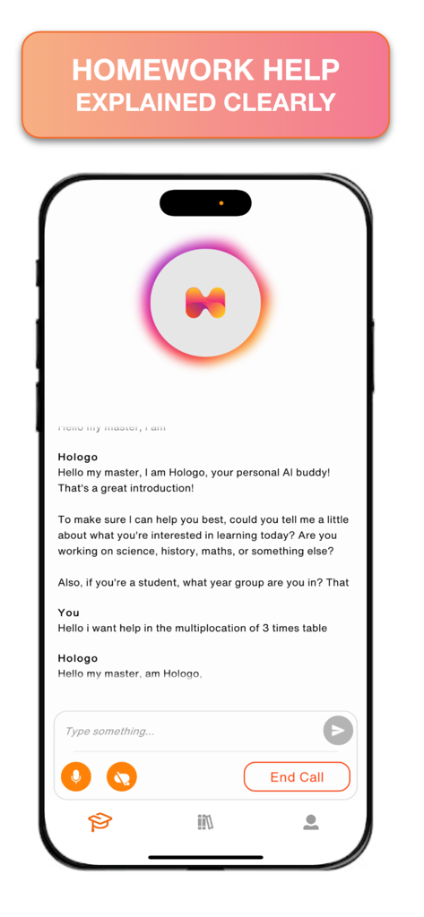 Hologo - A smartphone showing the Hologo app chat interface where a student is asking for help with multiplication tables.