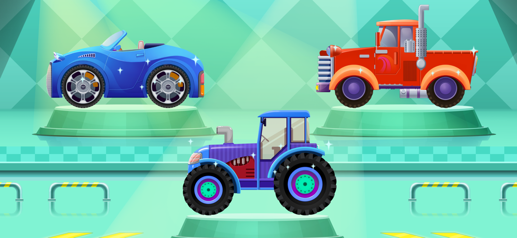 Truck Builder - Games For Kids - Three colorful toy vehicles including a car truck and tractor on pedestals in a workshop