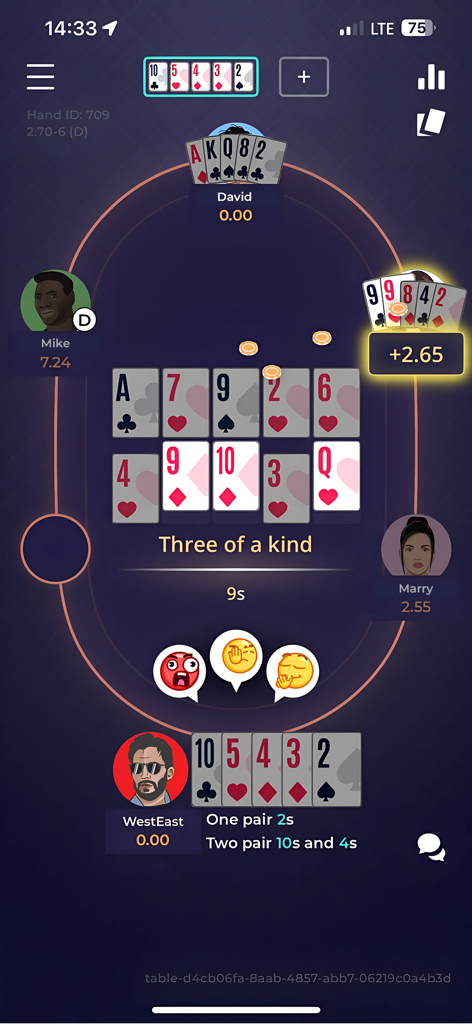 Screenshot in-game di POKS Poker che mostra un'interfaccia utente moderna con reazioni emoji dal vivo e giocatori amatoriali a un tavolo.