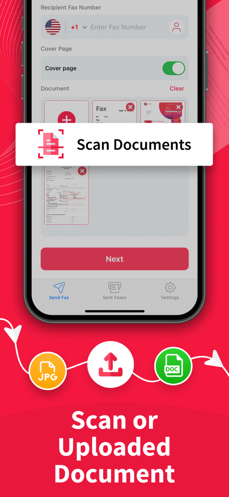 Captura de pantalla de la interfaz de la aplicación Easy Fax mostrando opciones para escanear o cargar documentos como archivos JPG y DOC para enviar por fax.