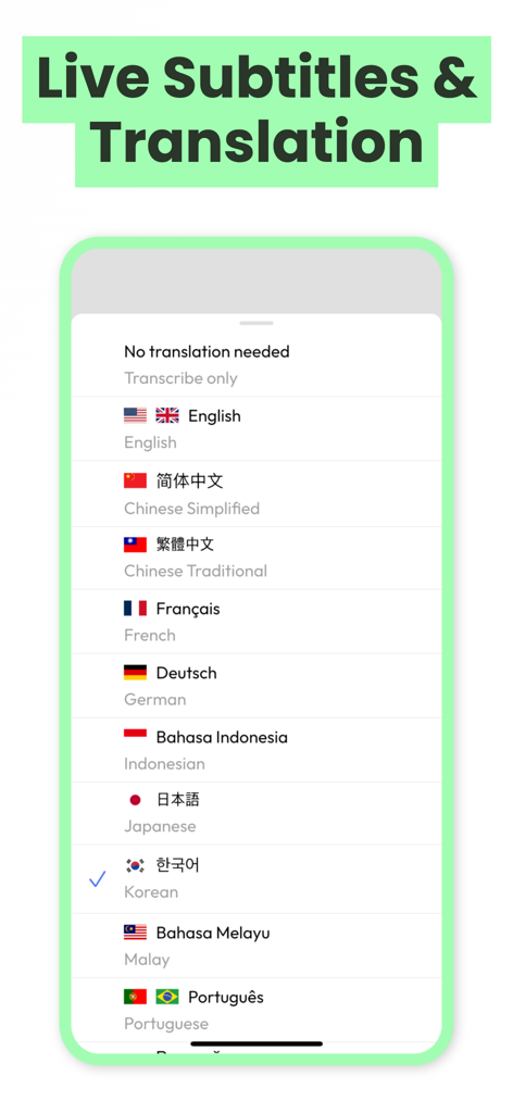 Live Voice Translator: Hope - A mobile screen showing a menu of various languages for live subtitles and translation selection.