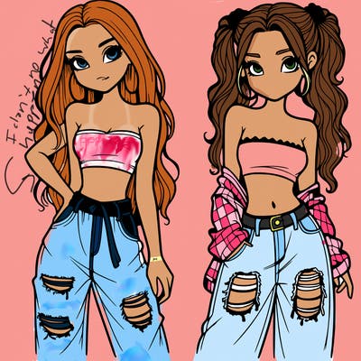 2 girls in crop tops and baggy jeans ripped