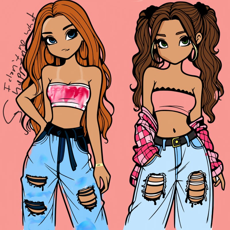 2 girls in crop tops and baggy jeans ripped