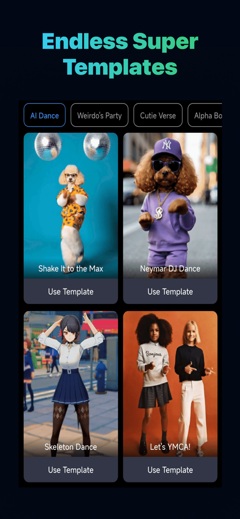 Sizzling - Interface do aplicativo Sizzling AI mostrando modelos de vídeo virais para animais de estimação dançantes de IA e personagens de anime