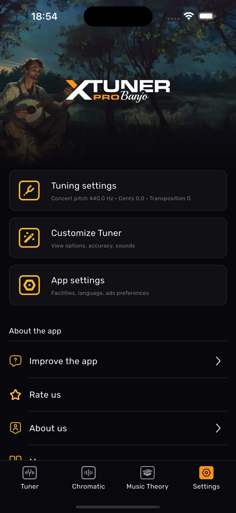 Banjo Tuner – XTuner PRO - Banjo Tuner XTuner PRO app settings screen featuring tuning settings customization and app preferences