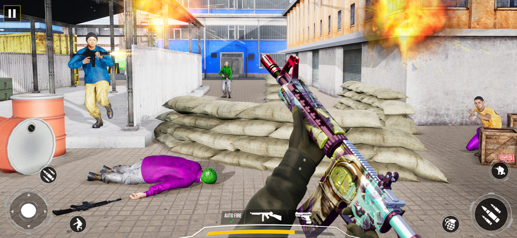 First war of gun shooting 2025 - First person shooter view of a soldier with an assault rifle during a combat mission in an urban environment.