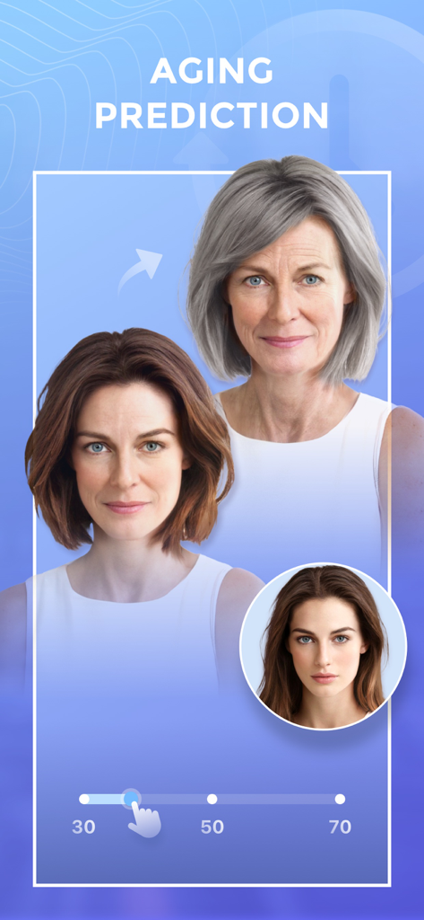 FilterRoom - Face Editor - Aging prediction tool in FilterRoom app showing a womans face transitioning from young to old using an age slider