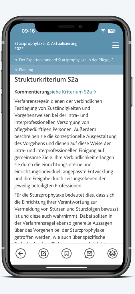 DNQP Leila - Interface do aplicativo DNQP Leila exibindo padrões de qualidade profissional de enfermagem para prevenção de quedas.