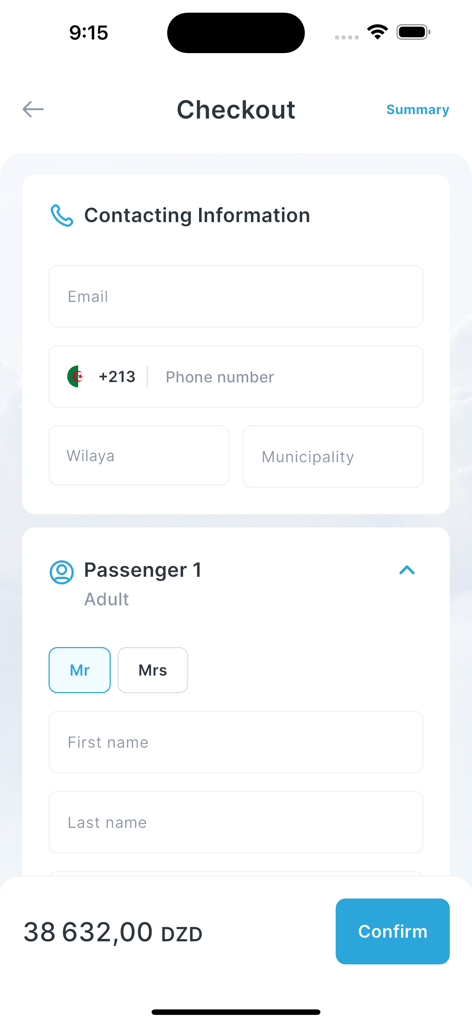 Volz travel app checkout screen for flight reservations showing passenger information forms