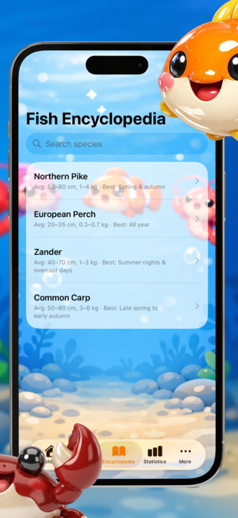 MyFishing Book - Pantalla de la Enciclopedia de Peces en la aplicación MyFishing Book que muestra detalles de especies como el tamaño y las mejores temporadas de pesca para el lucio del norte y la perca europea.