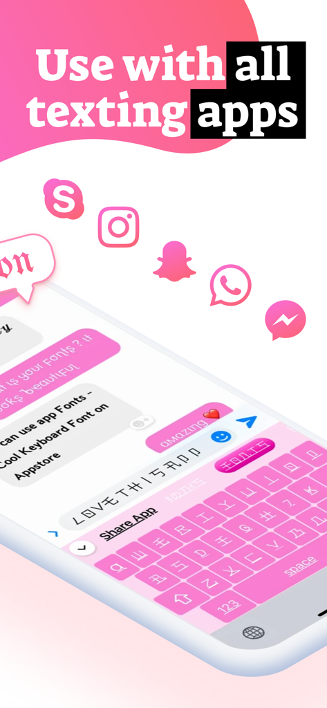 Custom pink aesthetic keyboard showing stylish fonts and social media app icons including Instagram and Snapchat.